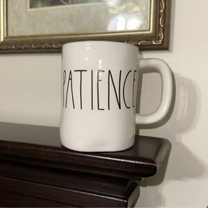 RAE DUNN. PATIENCE WHITE BLACK COFFE TEA HOT CHOCOLATE MUG